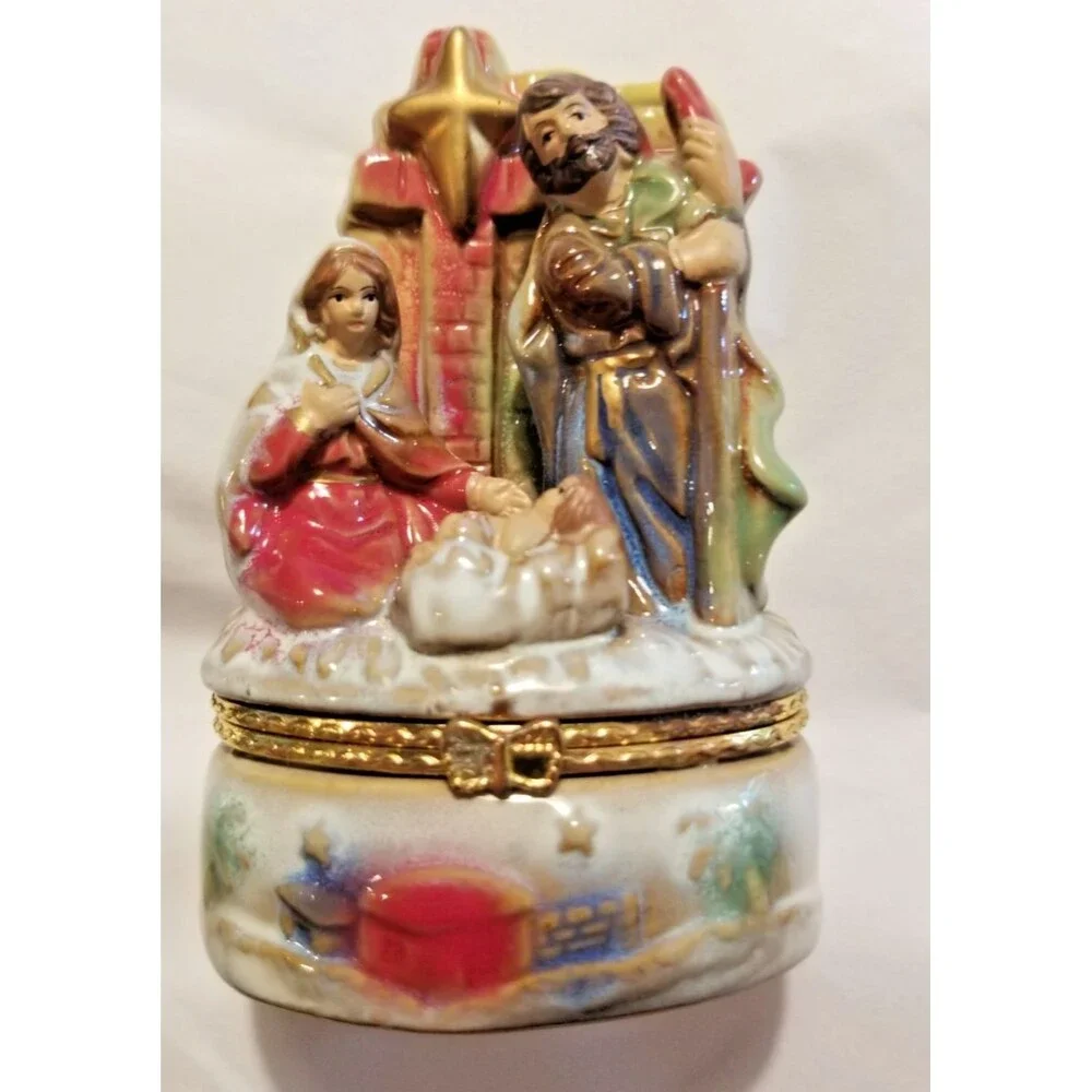 Nativity Scene Trinket Box Holder Ceramic Jesus Mary Joseph Manger Cross Star